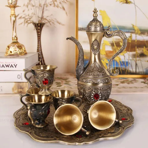 Decanter Serving Set Elegant Gold Metal 8 Piece with Tray and 6 Cups