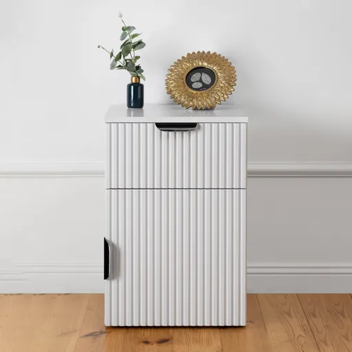 PORTO BEDSIDE TABLE - WHITE - FLUTED - PULL BLACK