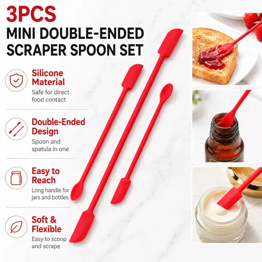 Red Silicone Mini Double Ended Spatula Spoon Set of 3 Sizes - Flexible Kitchen Mixing Spatula with Long Handle for Narrow Cosmetic Bottles Jam Jars Cream Containers