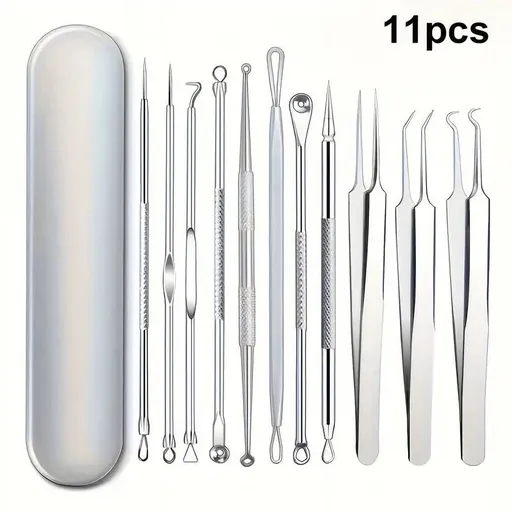 Pimple Popper Tool Kit, 8 PCS Professional Stainless Steel Blackhead Remover Comedone Extractor Tools for Removing Zit on Face - Acne Removal Kit with Metal Case (Silver) 11PCS