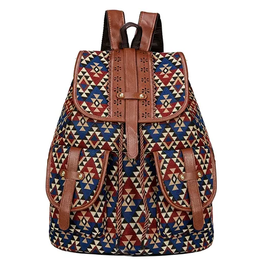 Style B Red Blue Nomad Backpack | Ethnic Geometric Drawstring Backpack | Halloween Travel Hiking Gift | Large Capacity Retro Casual Rucksack