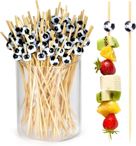 100 Pcs Soccer Toothpicks for Appetizers, 4.7 Inch Football Cocktail Picks for Party Decoration, Bamboo Appetizer Skewers for Charcuterie Sandwich Burgers Fruit Drinks Party (Black)