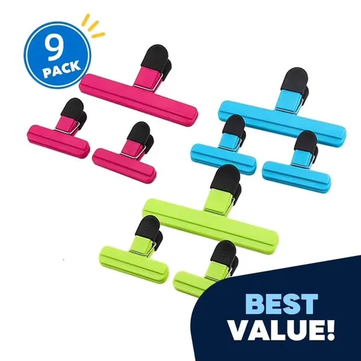 Assorted Chip Bag Clips- Large / Medium Size, Vary Sizes Fresh Food Bag Clips Plastic Heavy Seal Grip Photo File Clamps, Durable Plastic, Multi Color Bag Clips (9 Pack)