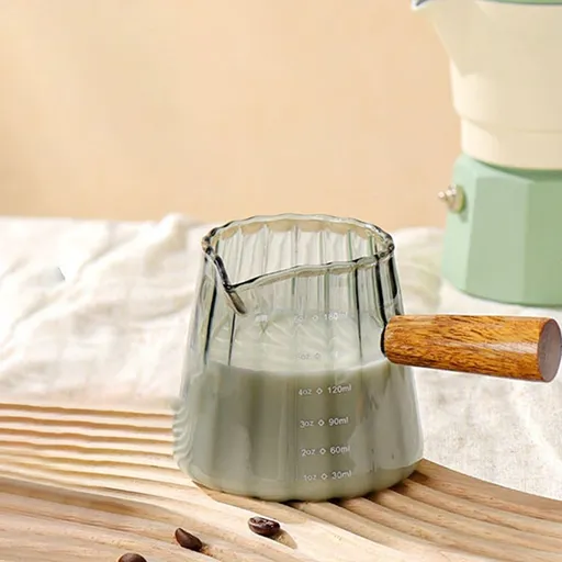 Wooden Handle Glass Small Milk Pitcher with Spout 180ml Condiment Cup for Coffee Cream Sauce Syrup Dressing 3.1x3.2 Inch