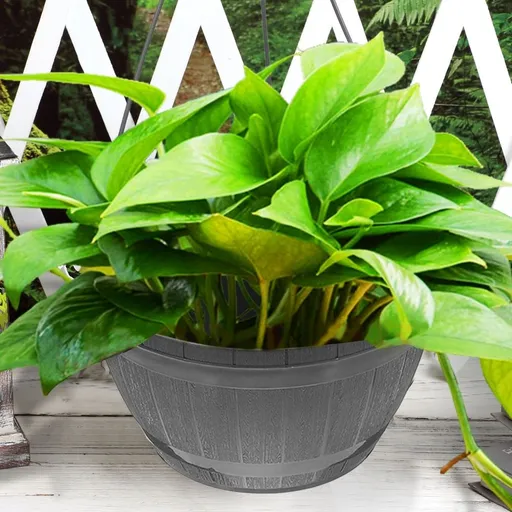 2Pcs Self Watering Hanging Planters Grey Plastic Baskets with Wood Texture for Home