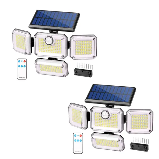 Brighten your outdoors with this four-head solar motion sensor wall light, featuring 333 super-bright LEDs, adjustable panels, and a separate solar panel for flexible installation. Perfect for front doors, garages, patios, and pathways, it delivers p