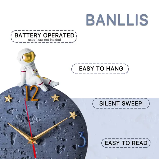 Space Theme Wall Clock, Astronaut Moon Wall Clock, 12 Inch Grey Modern Silent Clock for Kids Room Nursery Living Room Bedroom