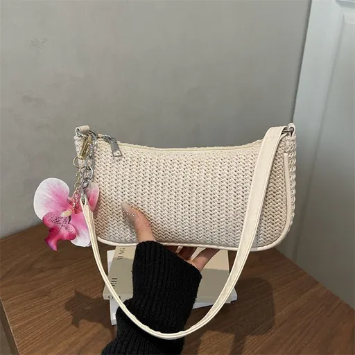 Unique Casual Woven Underarm Bag for Women, Solid Color Sophisticated Single Shoulder Purse With Orchid Pendant, Off‑White, Versatile Daily Styling Accessory, Christmas Halloween Fashion Gift