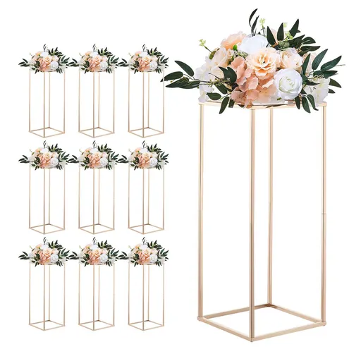 Wedding Flower Stand, 10PCS 60cm Column Flower Stand, Floral Stands with Acrylic Laminate, Gold Rectangular Floral Display Rack for Wedding, Party, Birthday, Home, Gold Centerpiece Stands