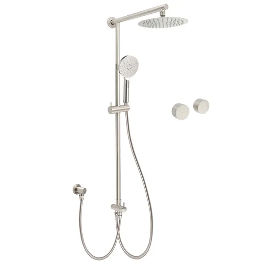Brushed Nickel Round 8" SUS Rain Head Shower Handheld Sliding Rail Arm Chrome Set + Twin Taps