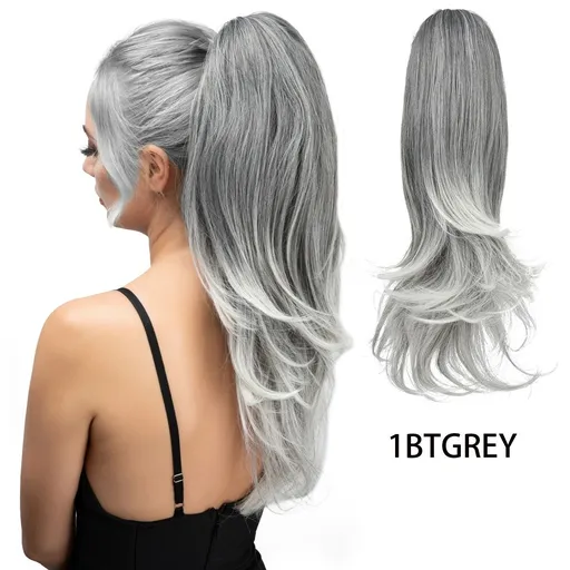 Clip-on Ponytail Hairpiece — Dual-use design, rotate 180° to switch between styles. Made of synthetic fiber, it's easy and quick to wear. Special craftsmanship ensures a natural, realistic look once put on.(colour mixture:1 btgrey)