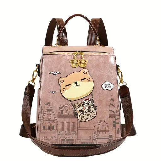 Kawaii Backpack, Vintage College Style, Cat Castle Print, Large Capacity, Adjustable Strap（pink)