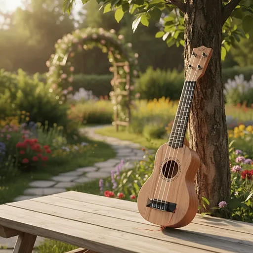 Wood color 17-inch Playable Ukulele Mini Guitar, lightweight and portable. Features comfortable nylon strings, includes a pick, and has open-style tuning pegs for precise tuning. Suitable for beginners and music enthusiasts, a popular gift choice for