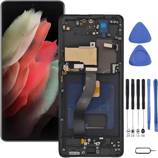 Samsung Galaxy S21 Ultra 5G Screen Replacement with Frame, 6.8" Dynamic AMOLED 2X Curved Touch Digitizer, Full Repair Tool Kit & Tempered Glass Protector for SM-G998U SM-G998A SM-G998W