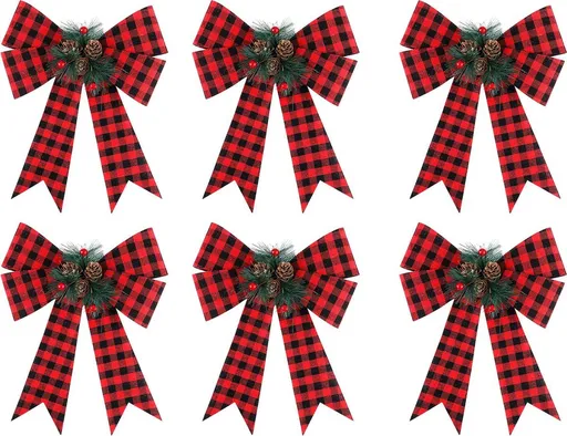 Christmas Wreaths 6 Piece Checked Bow Set Black and Red with Pine Cones