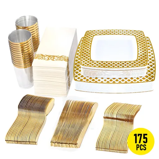 175pcs Food-Grade Wedding Event Banquet Disposable Tableware Dinnerware Gold-Edged Plastic Cutlery Pack of 25 Dining Sets Square Plates Cutlery Napkins