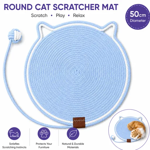 Blue Durable Cat Scratching Mat with Attached Toy Ball - Washable and Multi-Functional, Ideal for Cats' Scratching and Sleeping - 50cm Diameter