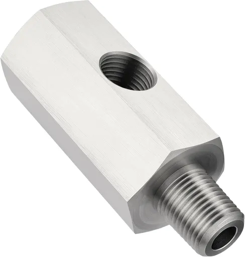 1/8 NPT Oil Pressure Sensor Tee Adapter, Stainless Steel 1/8 NPT Female to Male Threaded Oil Pressure Adapter with 1/8 NPT Female Port, Sliver