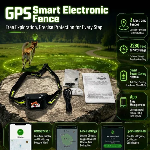 GPS Smart Pet Fence Training Collar Wireless Boundary Control Bluetooth App Customization Rechargeable Battery Black