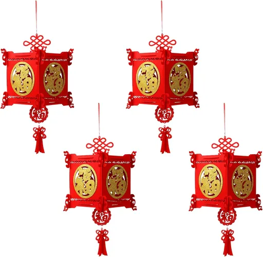 4 Pieces Chinese New Year Lantern Decoration 2026 Lunar Lanterns Lucky Red Fu 3D Puzzle Traditional for Spring Festival Restaurant Celebration(17.7 x 10 Inches,Square) Square 17.7 Inches