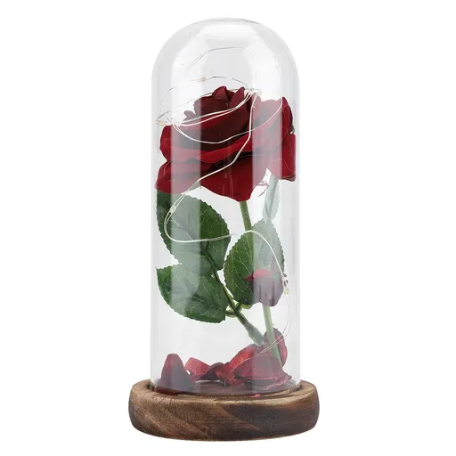 Preserved Rose Flower LED Light with Glass Cover Wooden Base Valentines'Day Wedding Gift Red