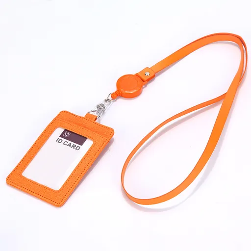 Retractable ID Badge Holder with Lanyard, PU Leather Work Card Holder for Office Staff Nurse Teacher Student ID Card-Orange
