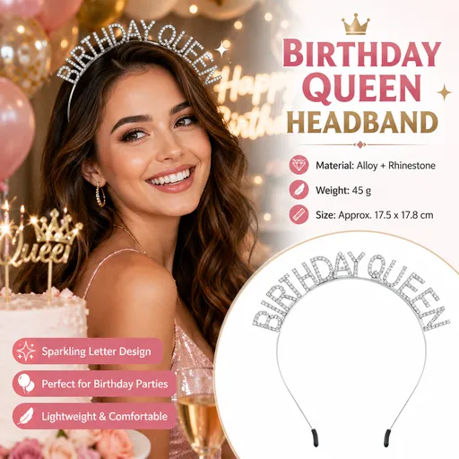 Silvery Birthday queen Rhinestone decorative headband - Alloy Letter Hair Accessory with Sparkling Crystals for Women and Girls, Party Photo Prop and Celebration Gift