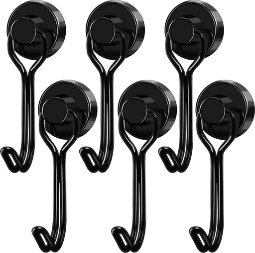 Towel Hook - Hooks - Hooks - With Hooks - 24 Kg Magnetic Hooks - Heavy Duty Strong Magnets - For Grill Ceiling Magnetic Board Kitchen Office - For Kitchen Fridges - 360 Degree Rotatable Neodymium Magnetic - 6 Pieces - Black