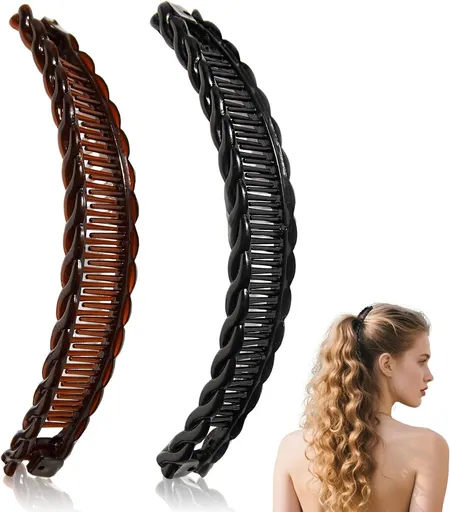 2-Pack Banana Hair Clips - Hair Claws for Thick Curly Hair, Non-Slip Vintage Clincher Combs for Women, 80s Retro Hair Styling Accessories (Black/Brown)