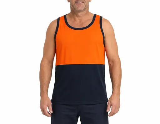 Hi Vis SINGLET Work Wear Safety Tank Top Fluro Micro Mesh UPF50+ High Visibility - Orange