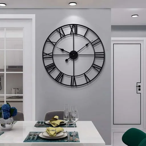 Large ROund Metal Wall Clock Vintage Style Silent Non Ticking Battery Operated 40Cm Black ROman Numeral Clocks For