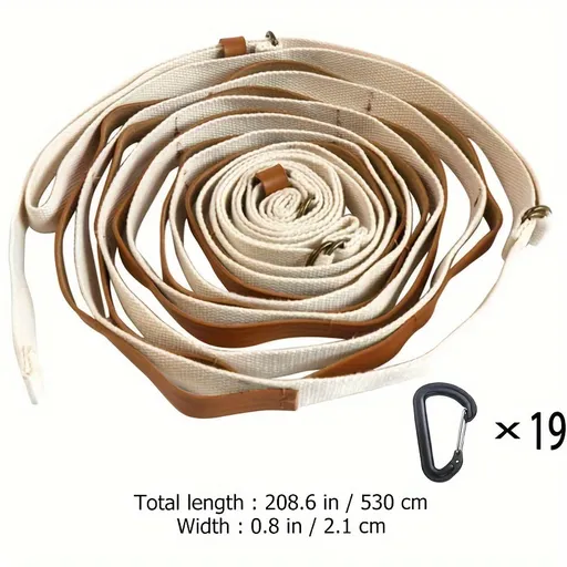 Khaki 5.3M Heavy Duty PU Leather Camping Lanyard with 19 Carabiners - Portable Outdoor Clothesline for Tents & Canopies