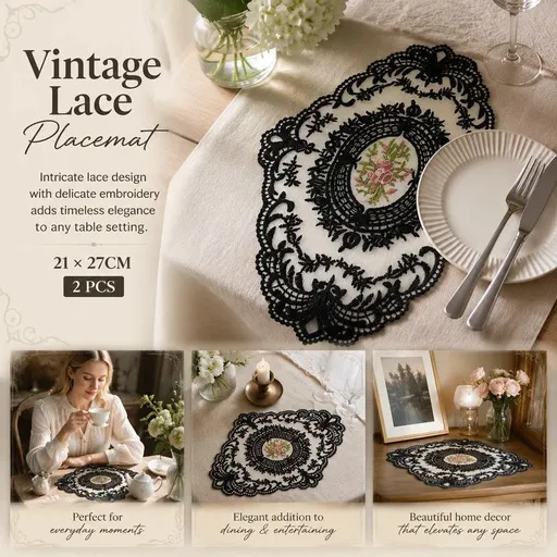 Minimal Retro Embroidered Lace Placemat Set, Black, Size S 21*27CM, 2 Pcs