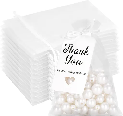 50 Pcs White Organza Bags 4x6 with Thank You Tags, Drawstring Sheer Mesh Gift Bags for Wedding Favors, Bridal & Baby Shower Party Favors