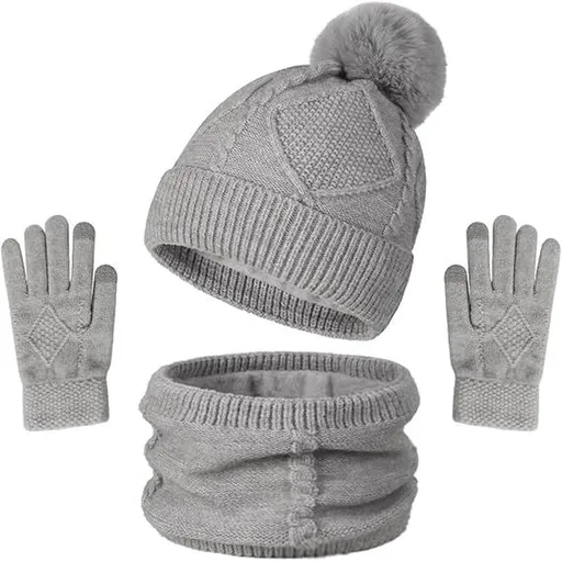 Women's 3-in-1 Winter Set - Hat + Scarf + Gloves - Thermal Reinforced Fleece Lining - Knit Beanie with Pom-Pom - Touchscreen Gloves - For Cold Winter Weather