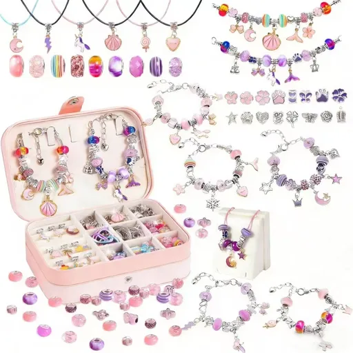 134-Piece Purple pink Craft Set (Includes Beads, Charms, and Storage Case) -Unicorn DIY Bracelet Kit – Creative Jewelry Making Gift for Girls Ages 3+