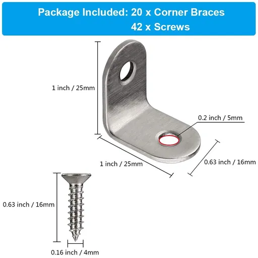 20 PCS Corner Braces 25mm x 25mm Stainless Steel 90 Degree Joints Right Angle Bracket L Shaped Corner Brackets Fastener