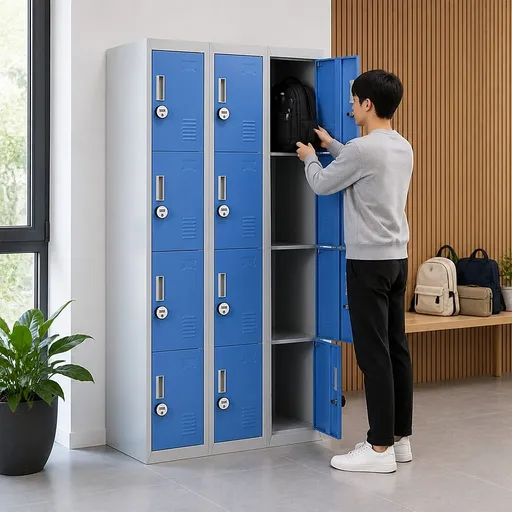12-Door Steel Locker – Grey with Blue Door, 4-Digit Combination Lock