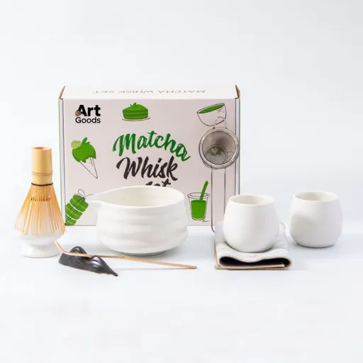 Art Goods Matcha Set 9-Piece – Complete Japanese Tea Set – White Matcha Bowl with Spout, Whisk, Cups & Accessories – Gift for Women