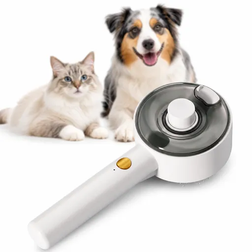 White USB Rechargeable Pet Spray Grooming Brush for Cats and Dogs, Self Cleaning Slicker Brush with Fine Mist, 140° Curved Stainless Steel Pins, One Click Hair Release, 300mAh Battery