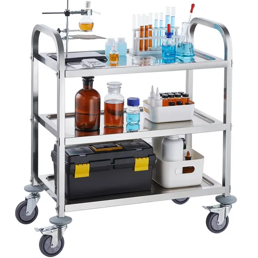 VEVOR Stainless Steel Cart, 3 Layers Lab Utility Cart 181 kg Weight Capacity, Medical Cart with Lockable Universal Wheels, for Lab, Clinic, Kitchen, Salon