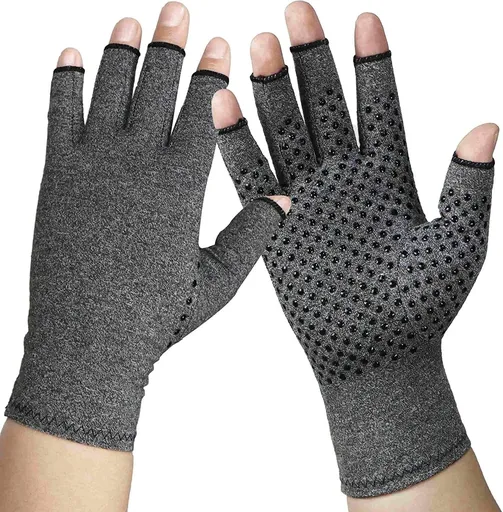 Half Finger Compression Arthritis Gloves with Gel Palm Support for Rheumatism, RSI and Carpal Tunnel Relief, Heather Grey, Size S