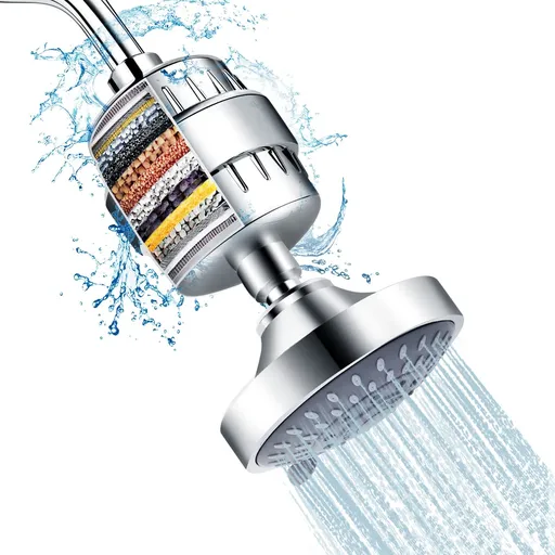 Shower Head and 15 Stage Shower Filter Combo, High Pressure 5 Spray Settings Filtered Showerhead with Water Softener Filter