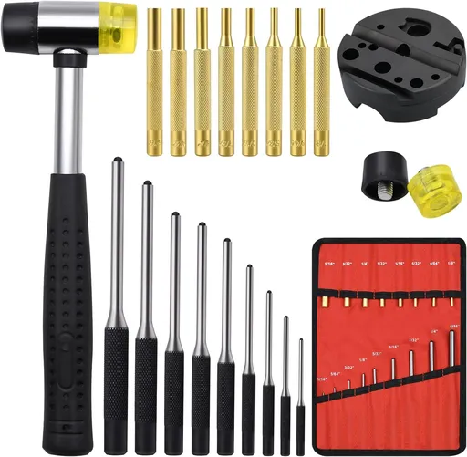 Pin Punch Set, 22pcs Removing Repair Tools, Including Universal Block, Brass Pin Punches, Steel Pin Punches and Hammer