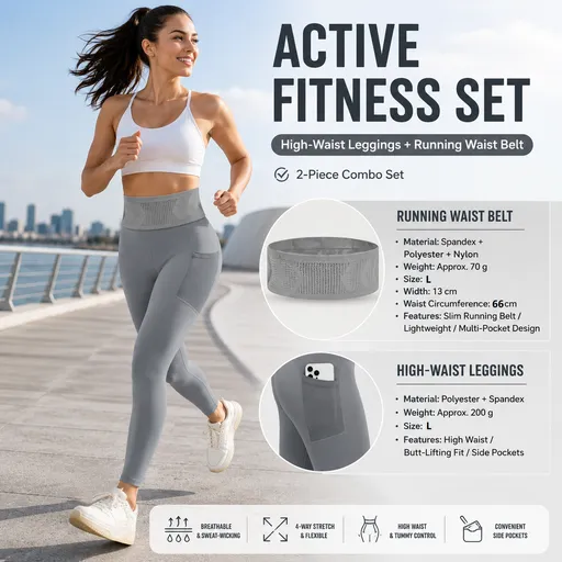 Comfortable Outdoor Sports Set-Grey L Size Running Waist Belt and Grey L Size High-Waisted Yoga Leggings - Breathable Spandex Blend, Side Pockets for Phone and Keys, Lightweight Fitness Gear for Running and Gym