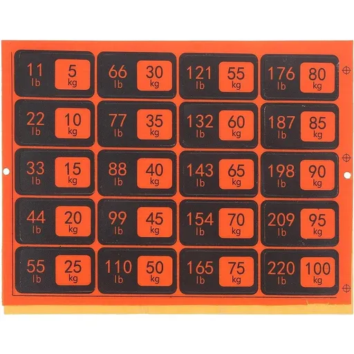 Gym Weight Stickers Sheet Orange PVC Adhesive Labels - 5kg-100kg / 11lb-220lb Markings