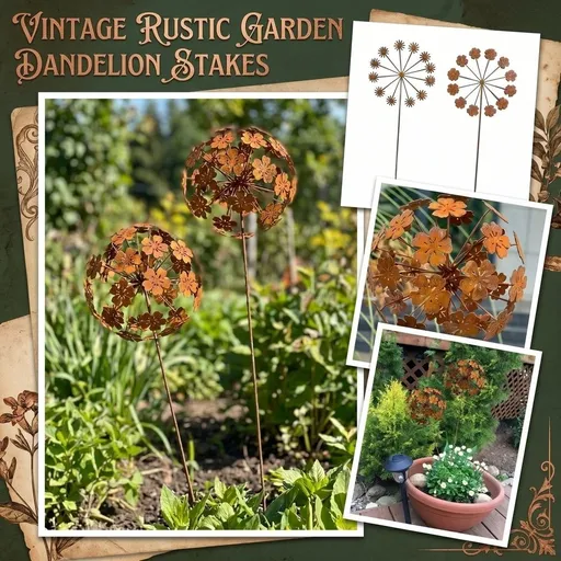 Metal Dandelion Garden Stake Vintage Floral Ball Design Rustproof Patina Finish Yard Art Stake for Outdoor Lawn Patio Pathway Flower Bed Decoration 2 Piece Set