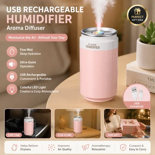Mini USB Humidifier Aroma Diffuser Portable Can Shape Pink LED Light