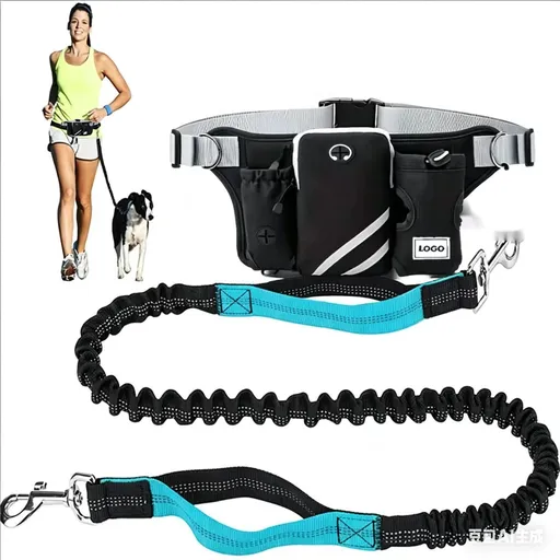 Hands-Free Dog Walking Waist Pack with Bungee Leash Set – Adjustable Running Belt with Reflective Strips, Phone Pocket, Poop Bag Dispenser, and Water Bottle Holder for Jogging, Hiking, and Everyday Walks (SkyBlue)
