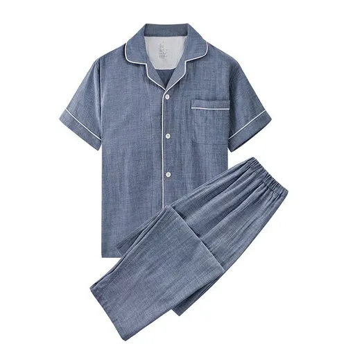 Japanese Cotton Pajama Suit Women Men Short Sleeve Men's denim blue solid color-short sleeve trousers